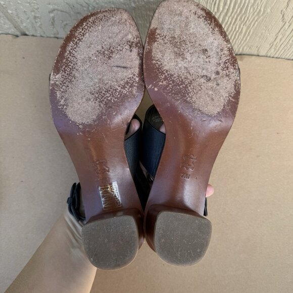Tory Burch Lowell 2 Block Heel Sandals Shoes Women’s Size 7 Black Logo Leather - Picture 9 of 11